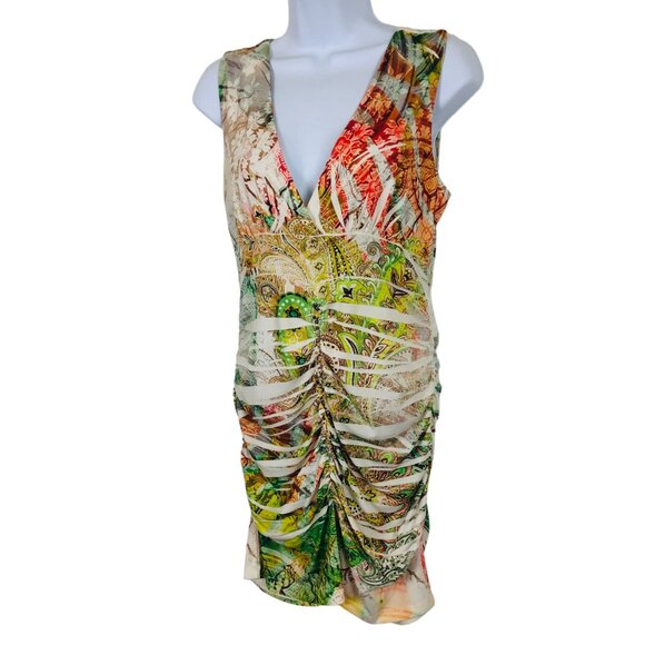 Vtg Body Central Sheath Dress Sz Small? Bodycon Multicolor Multipattern Ruched - Picture 7 of 9